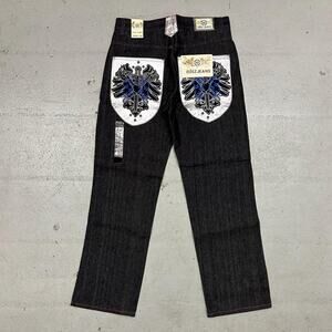 Vintage baggy y2k noiz black raw denim embroidered back pocket design denim